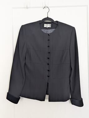 Vtg Kasper ASL Dress Blazer Jacket Sz6 Black Collarless Velvet Trim Cuffs